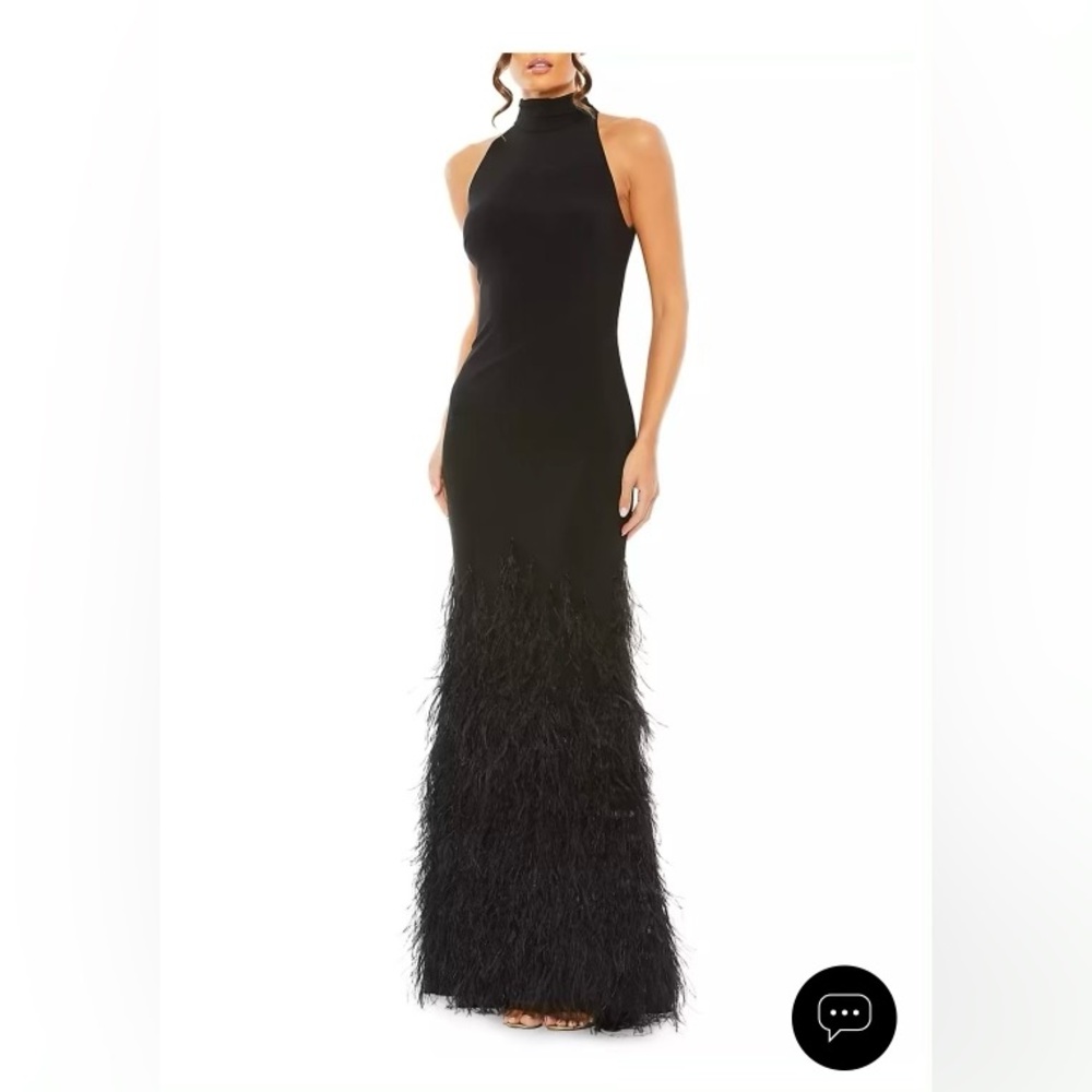 Mac Duggal Feathered Jersey Halter Gown